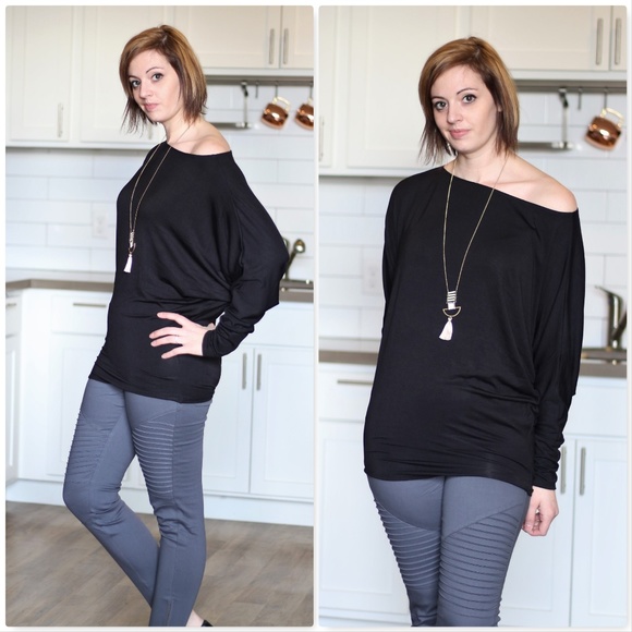 Black Off The Shoulder Dolman Sleeve Top - Picture 2 of 5